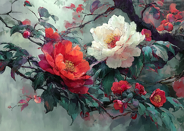 Vibrant Peony and Camellia Floral Painting
