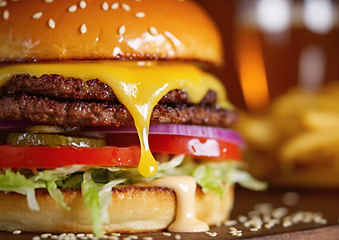 Double Cheeseburger with Fries and Beer