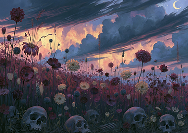 Skulls and Flowers Under a Dramatic Sky