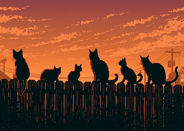 Cats silhouetted on a fence at sunset