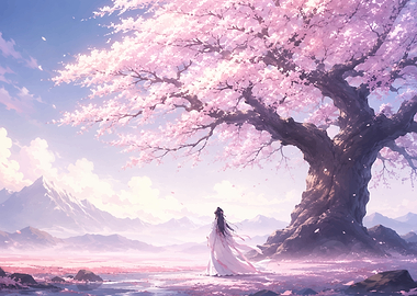 Woman under a cherry blossom tree