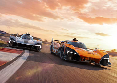 Race Cars on Track at Sunset