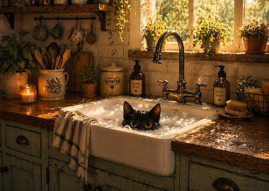 Black cat bathing in a kitchen sink