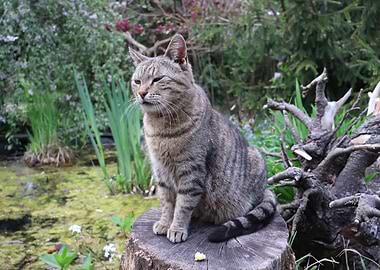Tabby cat sitting on a tree stump