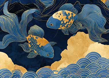 Two Goldfish in Blue and Gold Kintsugi Art