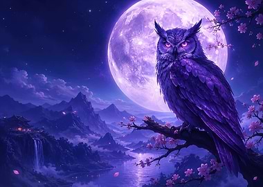 Mystical Owl Under a Purple Moon