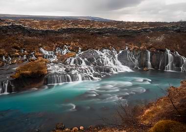 Hraunfossar Waterfall in Icelandic Landscape
