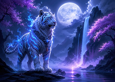 Magical White Tiger by Waterfall