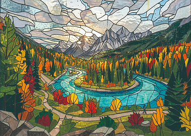 Stained Glass Mountain River Landscape