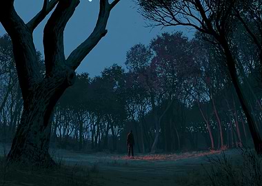 Man standing in a dark forest at night