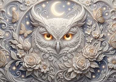 Enchanting White Owl with Moon and Butterflies