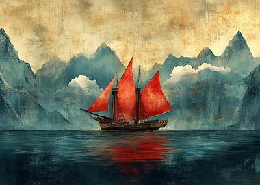 Sailing Ship with Red Sails