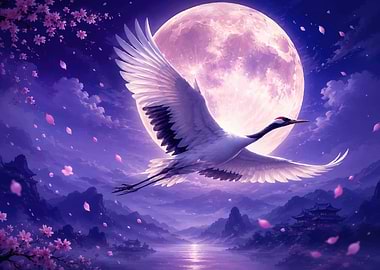 Crane flying under a full moon