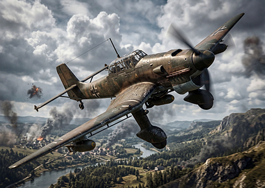 WWII Aircraft Bombing a Village