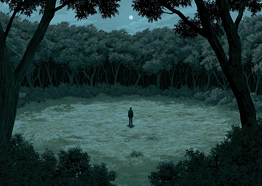 Man standing in moonlit forest clearing