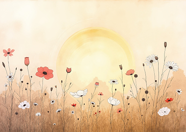 Watercolor Meadow with Sun and Flowers