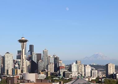 Seattle Skyline with Space Needle, Mount Rainier and Moon