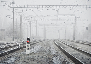 Winter Railway with Red Signal