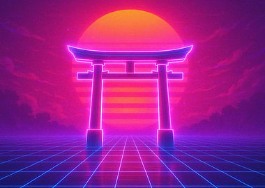 Retro Neon Torii Gate Sunset