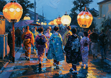 Geishas walking under lanterns at night