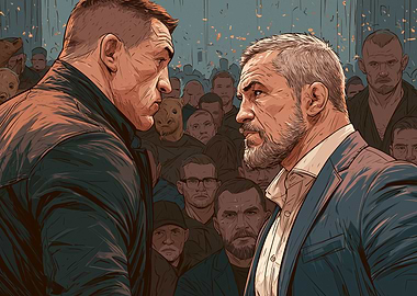 Two men facing off in a crowd