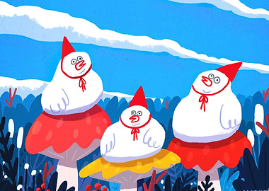 Three whimsical characters on mushrooms