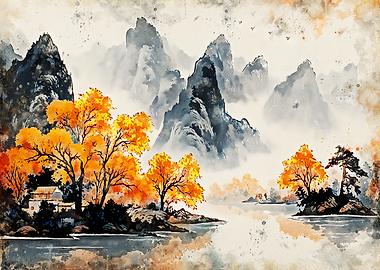 Misty Mountains and Autumn Trees