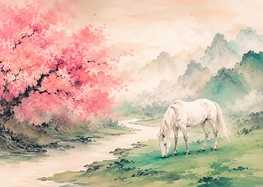 White Horse by Cherry Blossom Tree