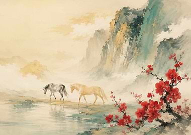 Two Horses by a Waterfall