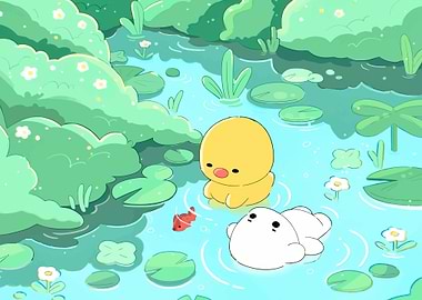 Cute Duck and Bear in a Pond