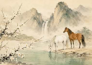 Horses by Waterfall in Blossom