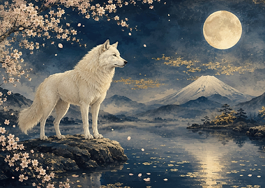 White Wolf Under Cherry Blossoms and Moon