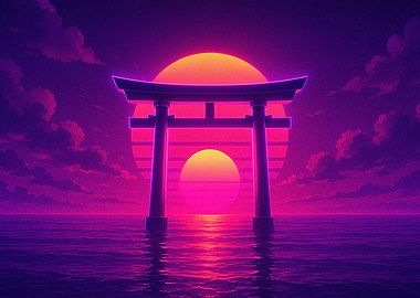 Retro Sunset Torii Gate Over Water