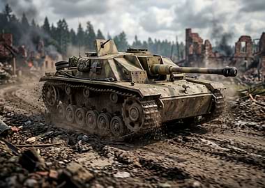 World War II Tank in Ruined Village