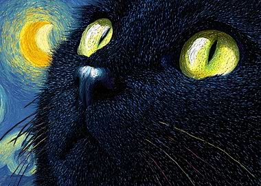 Black Cat in Starry Night Style