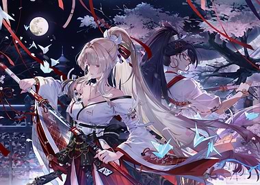 Two women with swords at night