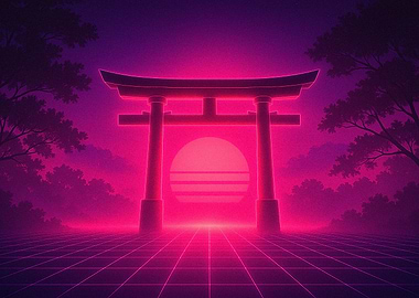 Neon Torii Gate Sunset Grid