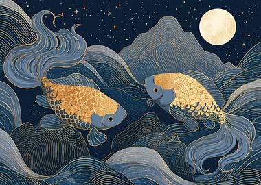 Golden Fish in a Starry Night Sea