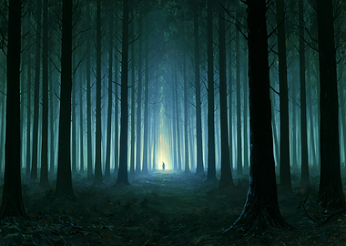 Mysterious Figure in a Dark Forest