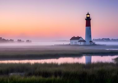 Lighthouse at sunrise with fog