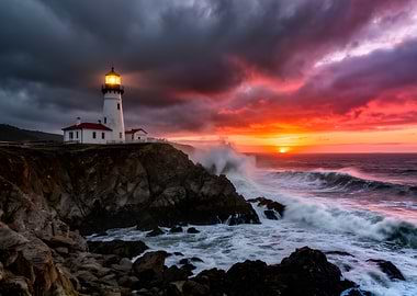 Lighthouse at Sunset with Crashing Waves