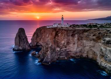 Lighthouse on a cliff at sunset