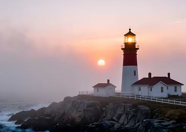 Lighthouse at sunrise with fog