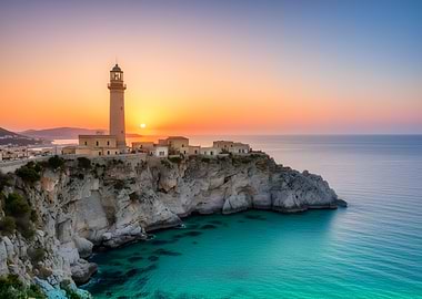 Lighthouse on a cliff at sunset