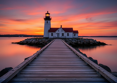 Lighthouse at Sunset with Wooden Pier