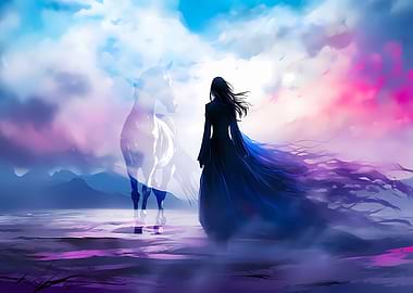 Woman and Horse in Ethereal Landscape