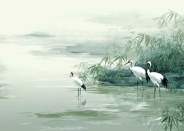 Cranes by a Bamboo Grove