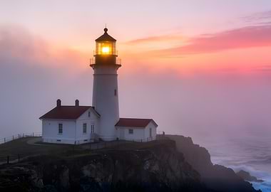 Lighthouse at Sunset with Fog