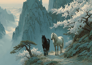 Two Horses in a Mountain Landscape
