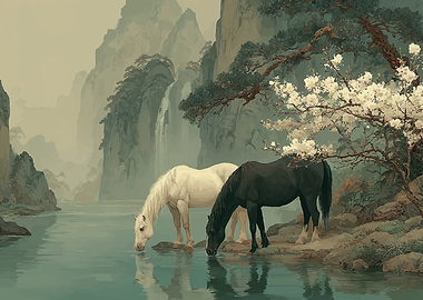 Horses Drinking Water by Waterfall